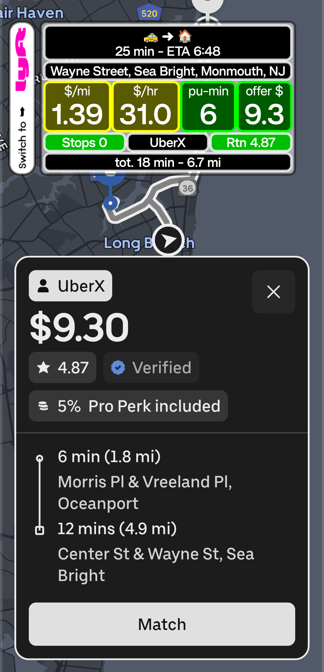 The Cherry card of CherrySpotter showing dollars per mile, dollars per hour, pickup minutes and the offer amount on top of a rideshare offer